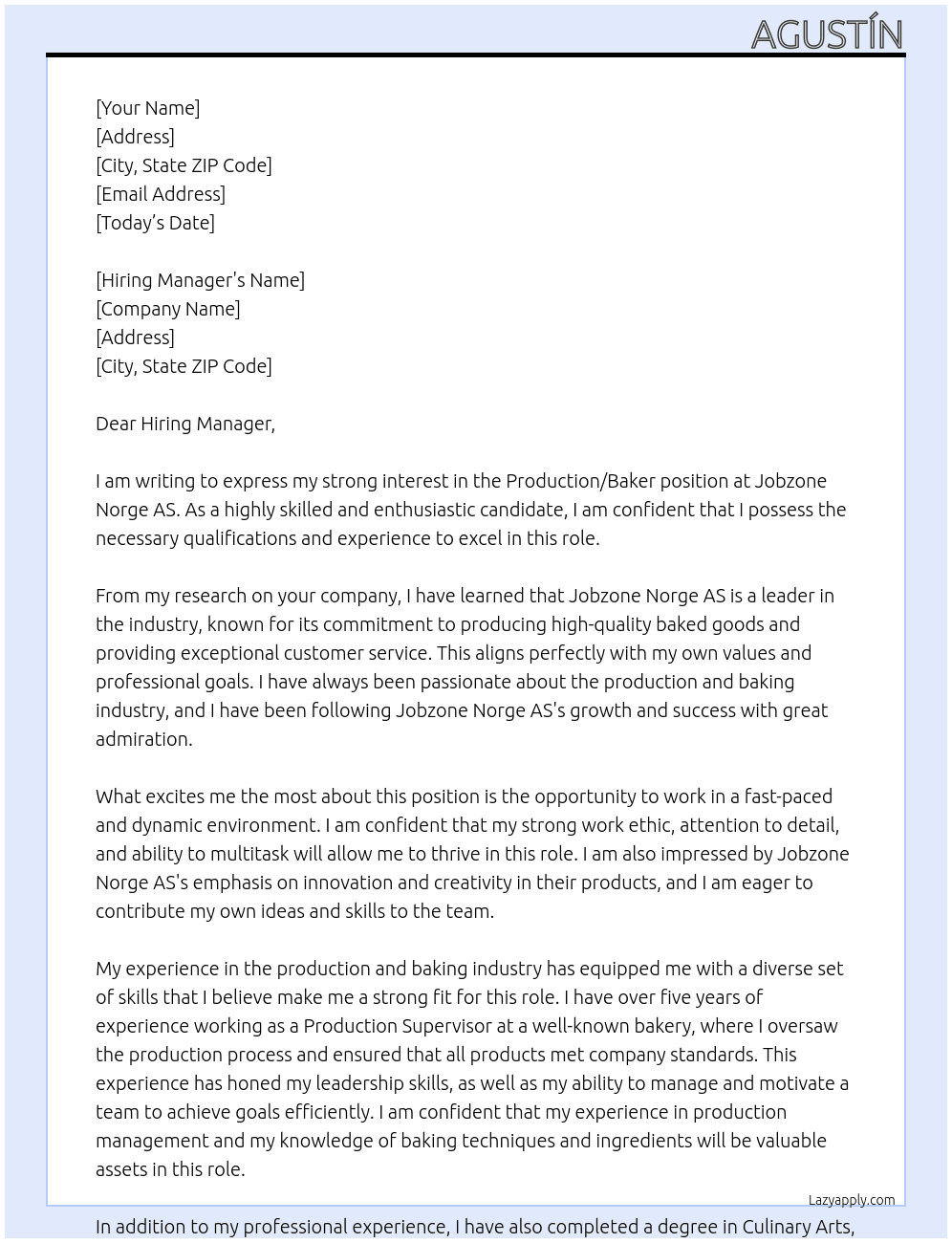 Production / Baker At Jobzone Norge AS Cover Letter