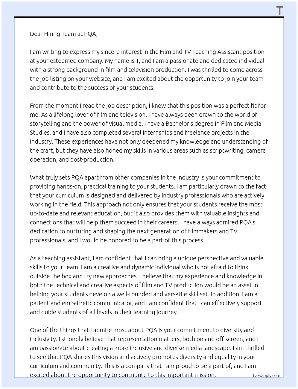 Film and Tv Teaching Assistant At PQA  Cover Letter
