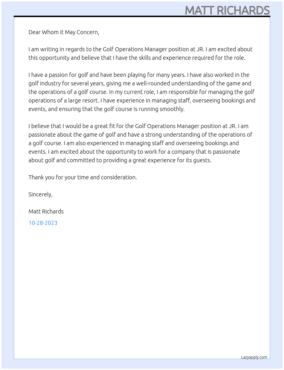 Golf Operations Manager At JR Cover Letter