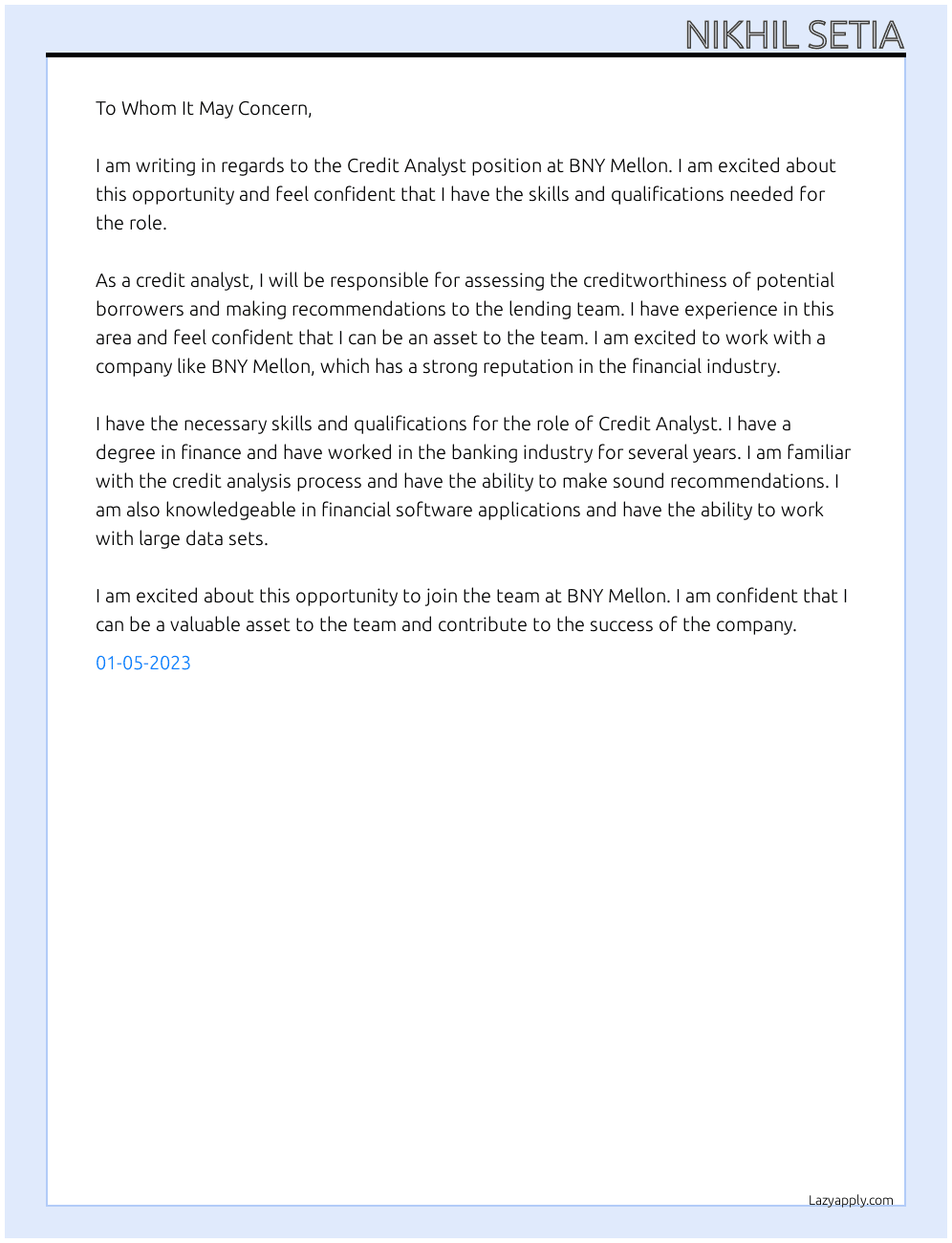 Credit Analyst At BNY Mellon Cover Letter