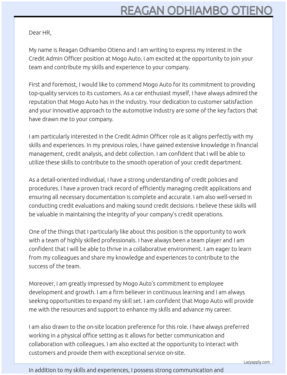 Credit Admin Officer At mogo auto Cover Letter