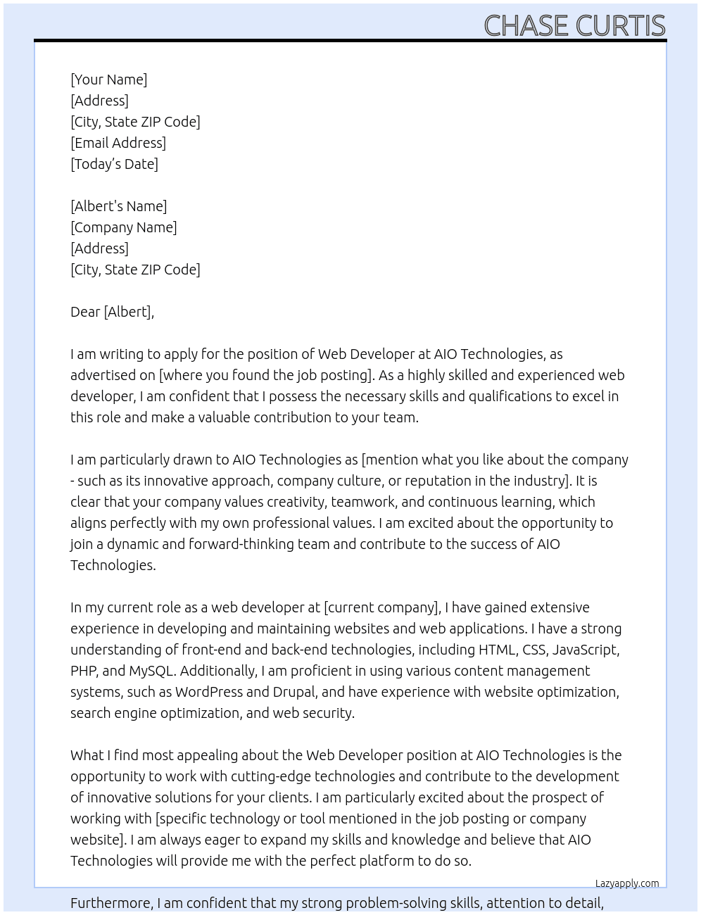 Web Developer At AIO Technologies Cover Letter