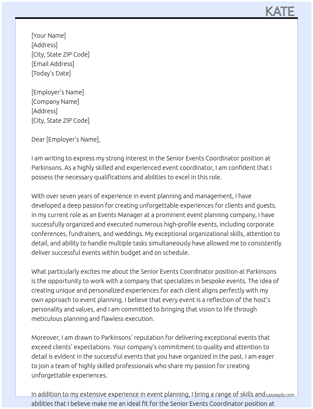 Senior Events Coordinator (Bespoke Events) At Parkinsons Cover Letter