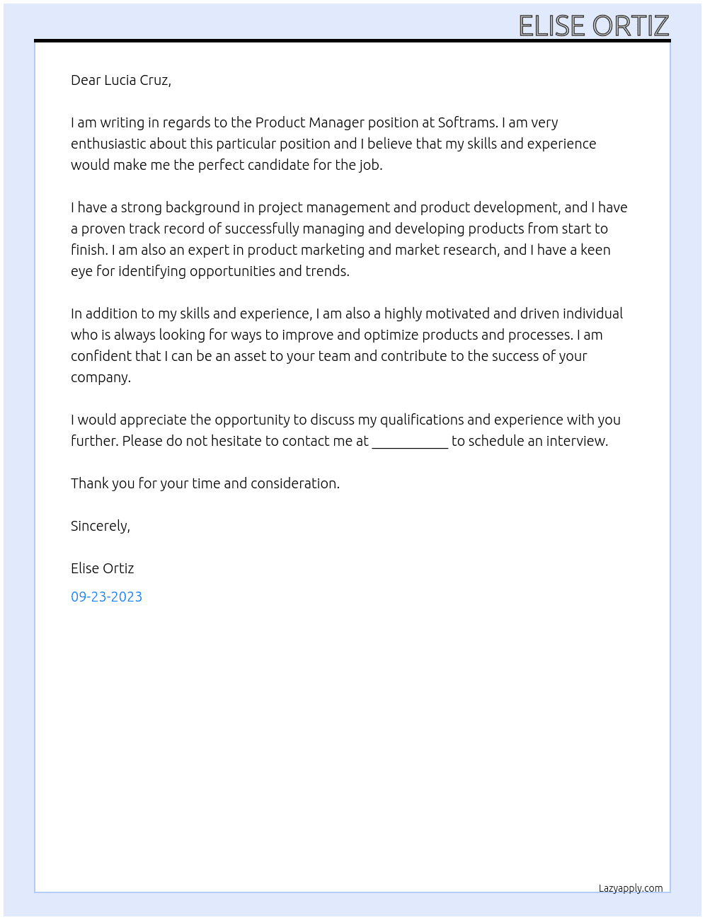 Product Manager  At Softrams Cover Letter