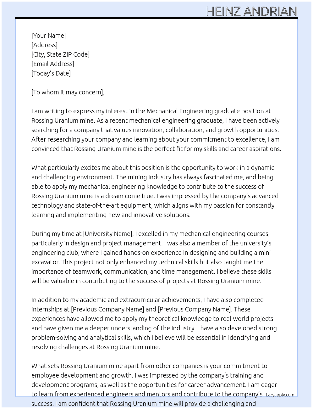 Mechanical Engineering graduate At Rossing Uranium mine Cover Letter