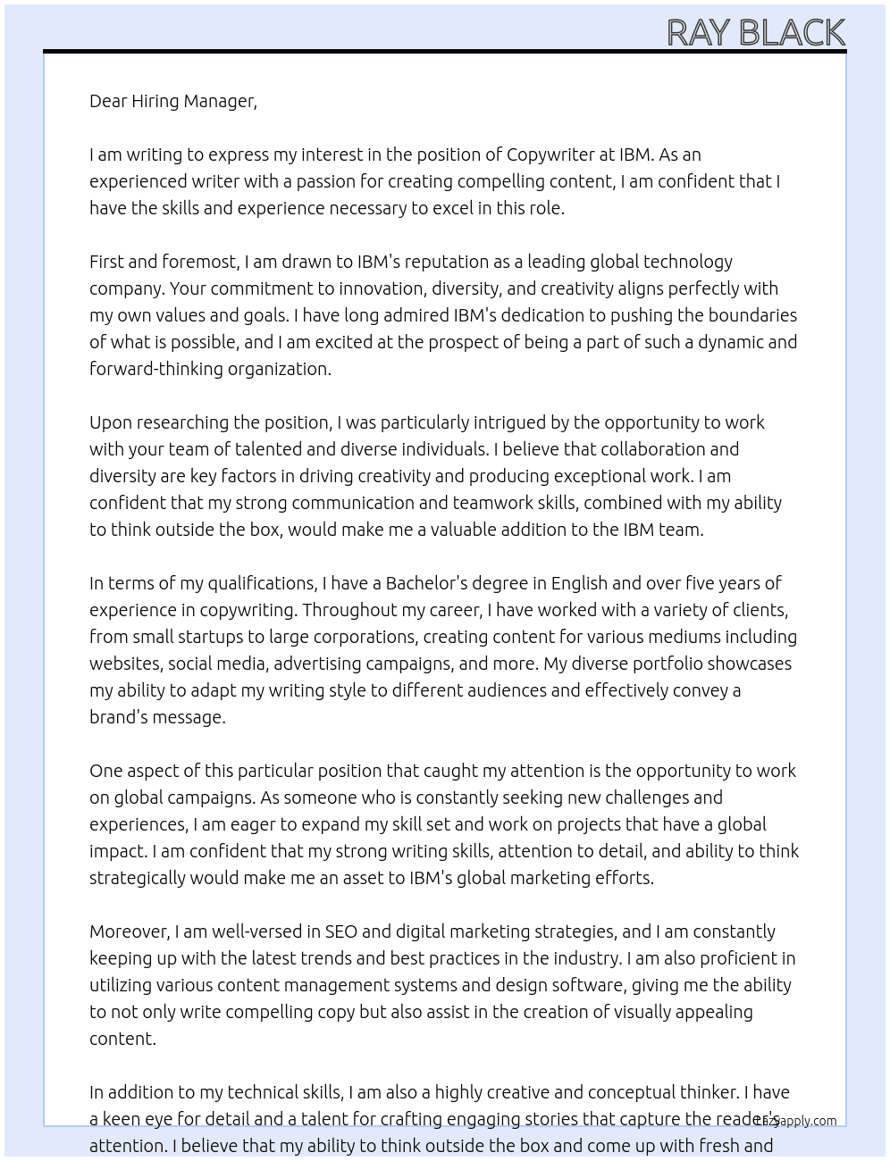 copywriter At ibm Cover Letter