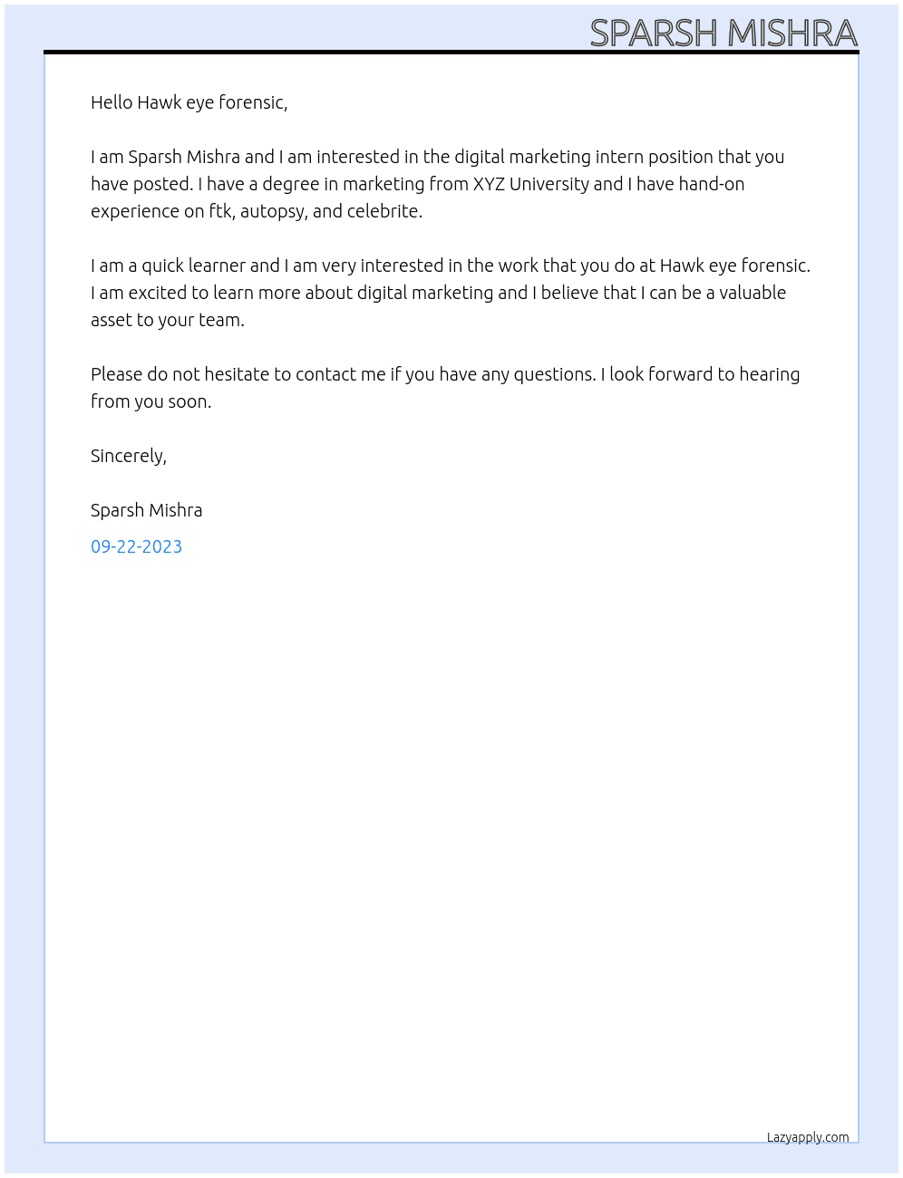 Digital marketing intern At Hawk eye forensic  Cover Letter