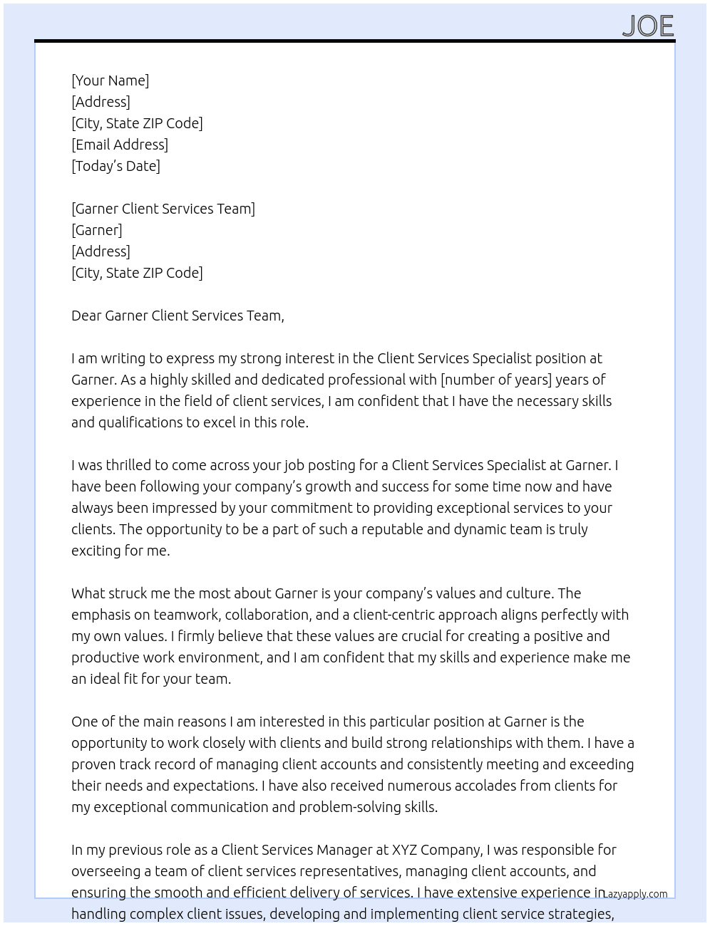Client Services Specialist At Garner Cover Letter