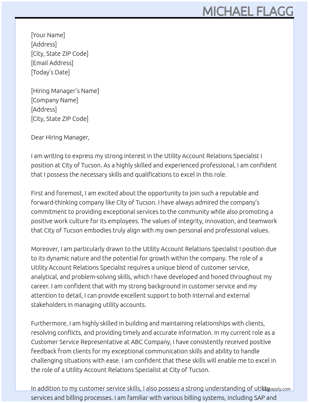 Utility Account Relations Specialist I At City of Tucson Cover Letter