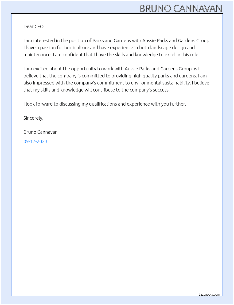 Parks and Gardens At Aussie Parks and Gardens Group Cover Letter