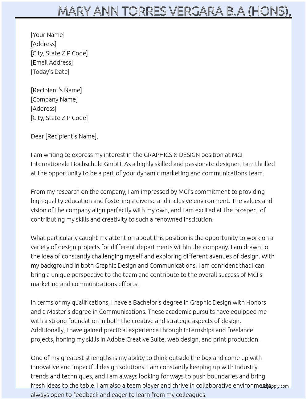 GRAPHICS & DESIGN  At MCI Internationale Hochschule GmbH Cover Letter