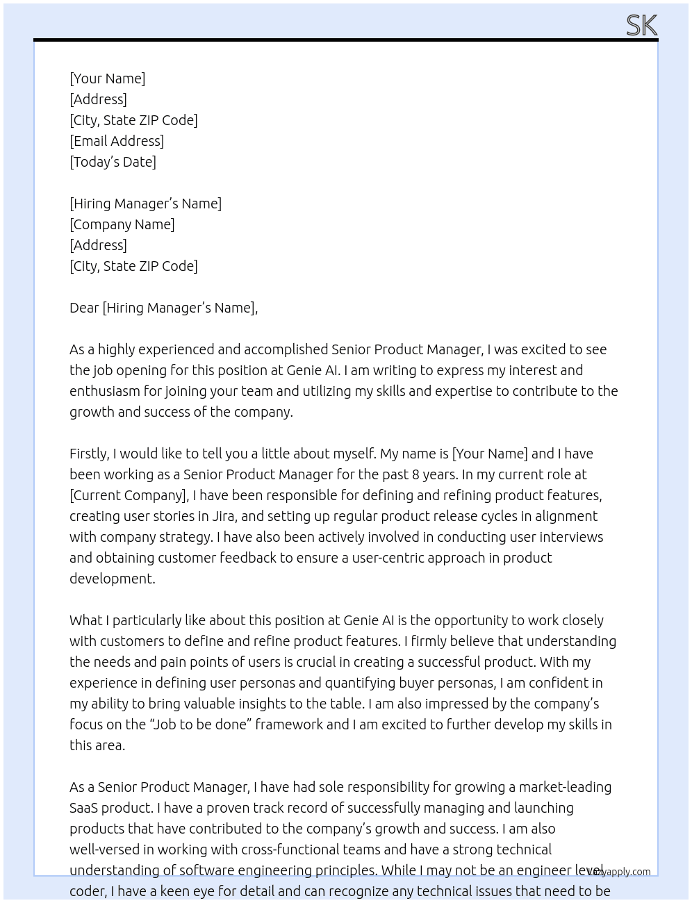 Senior Product Manager At Genie AI Cover Letter