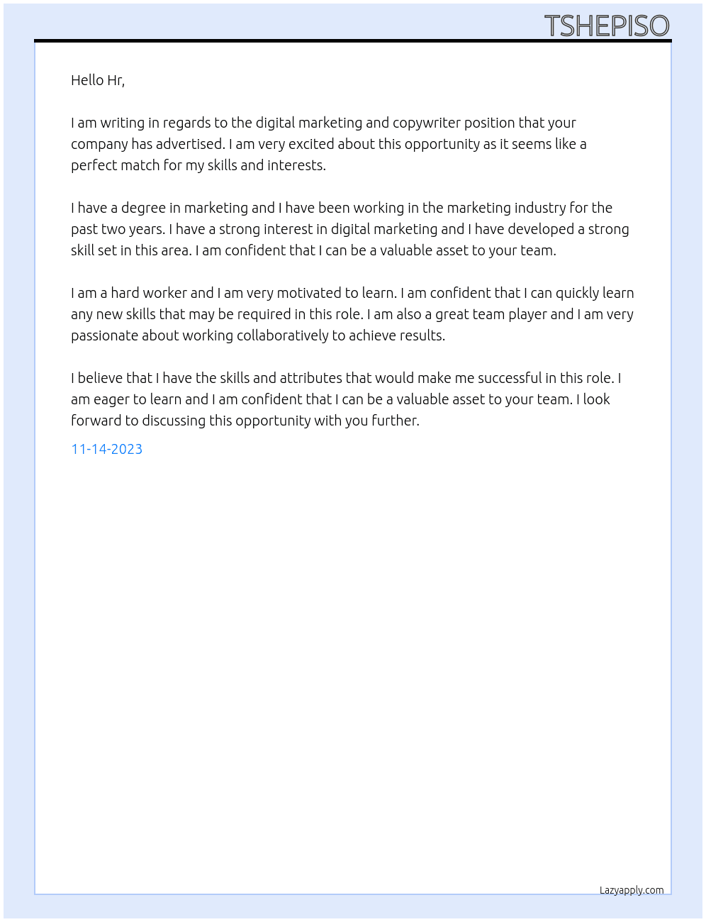 Digital marketing and copywriter At Digital marketing company  Cover Letter