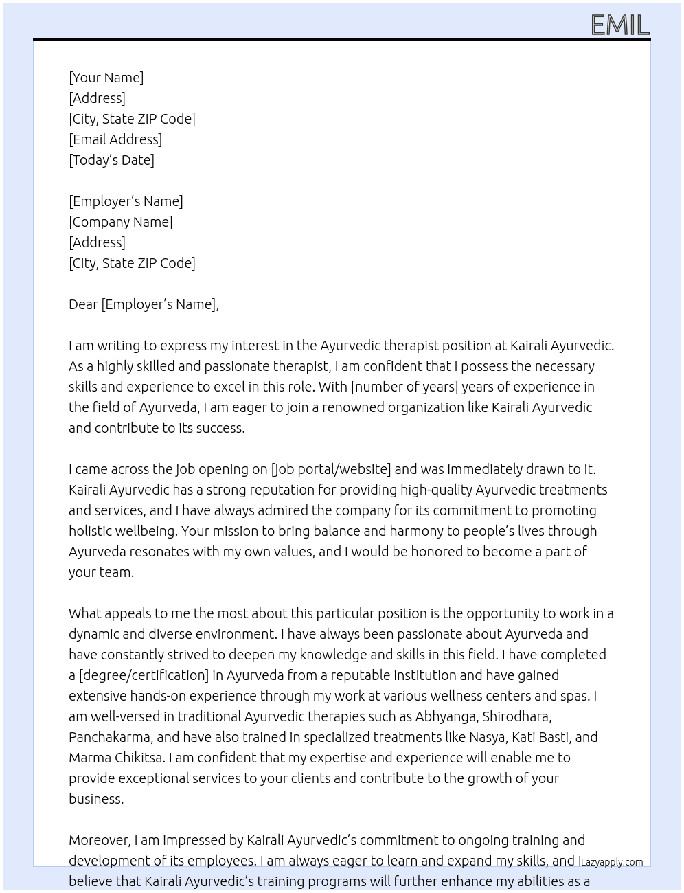 Ayurvedic therapist At Kairali ayurvedic Cover Letter