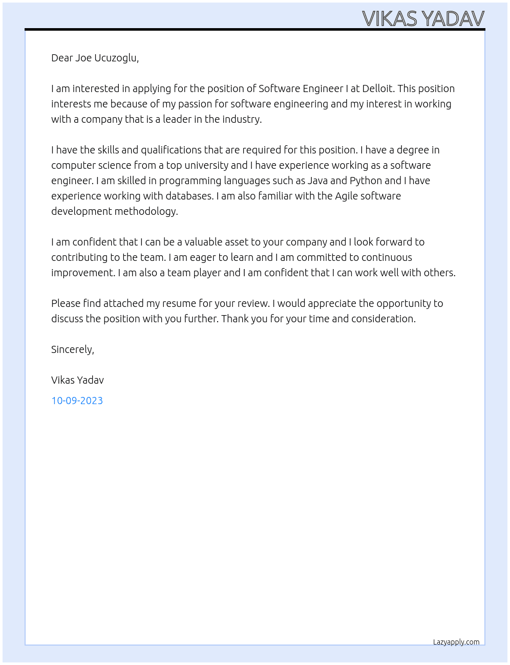 Software Engineer I At Delloit Cover Letter