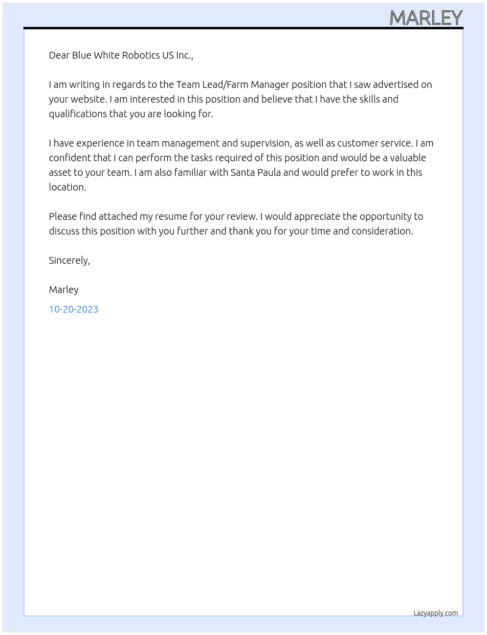 Team Lead/Farm Manager At Blue White Robotics US Inc. Cover Letter