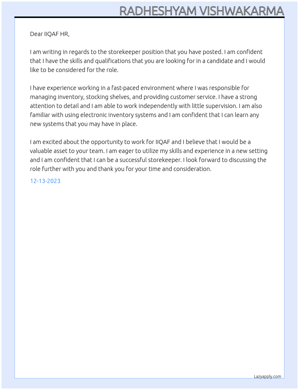 storekeeper At IIQAF Cover Letter