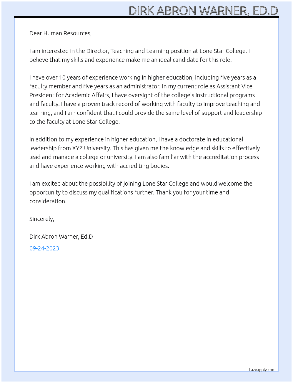 Director, Teaching and Learning At Lone Star College Cover Letter