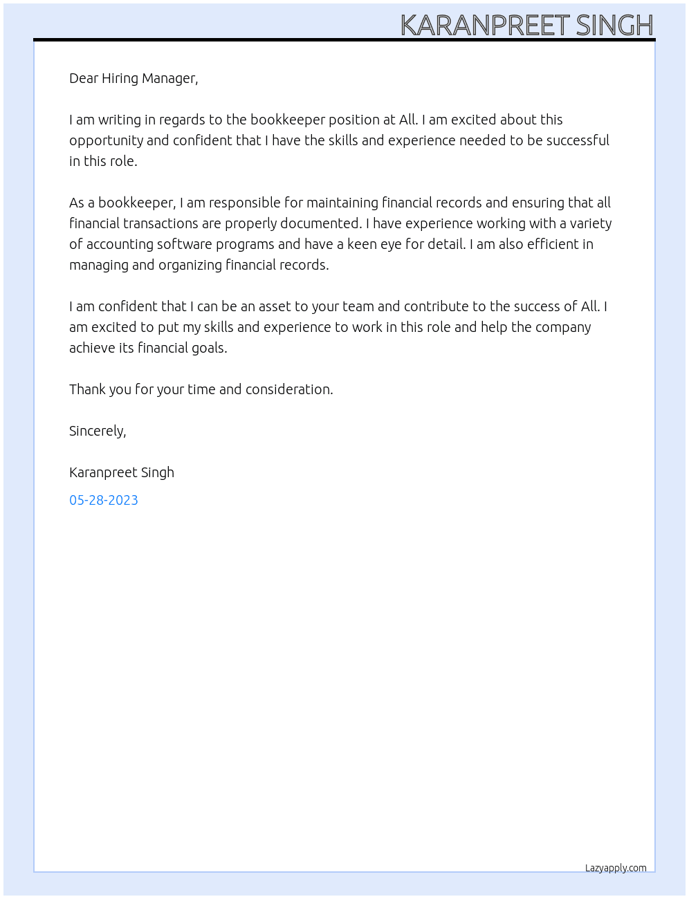 Bookkeeper At All Cover Letter