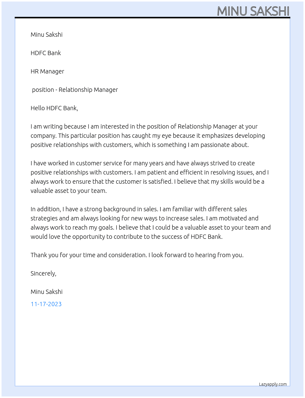 Relationship Manager At HDFC Bank Cover Letter