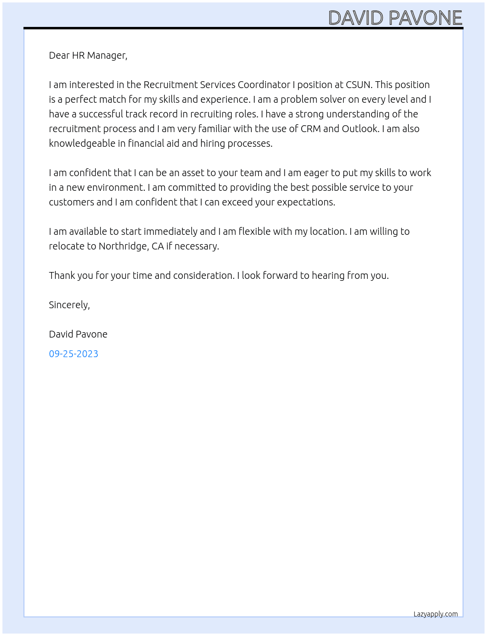 Recruitment Services Coordinator I At CSUN Cover Letter