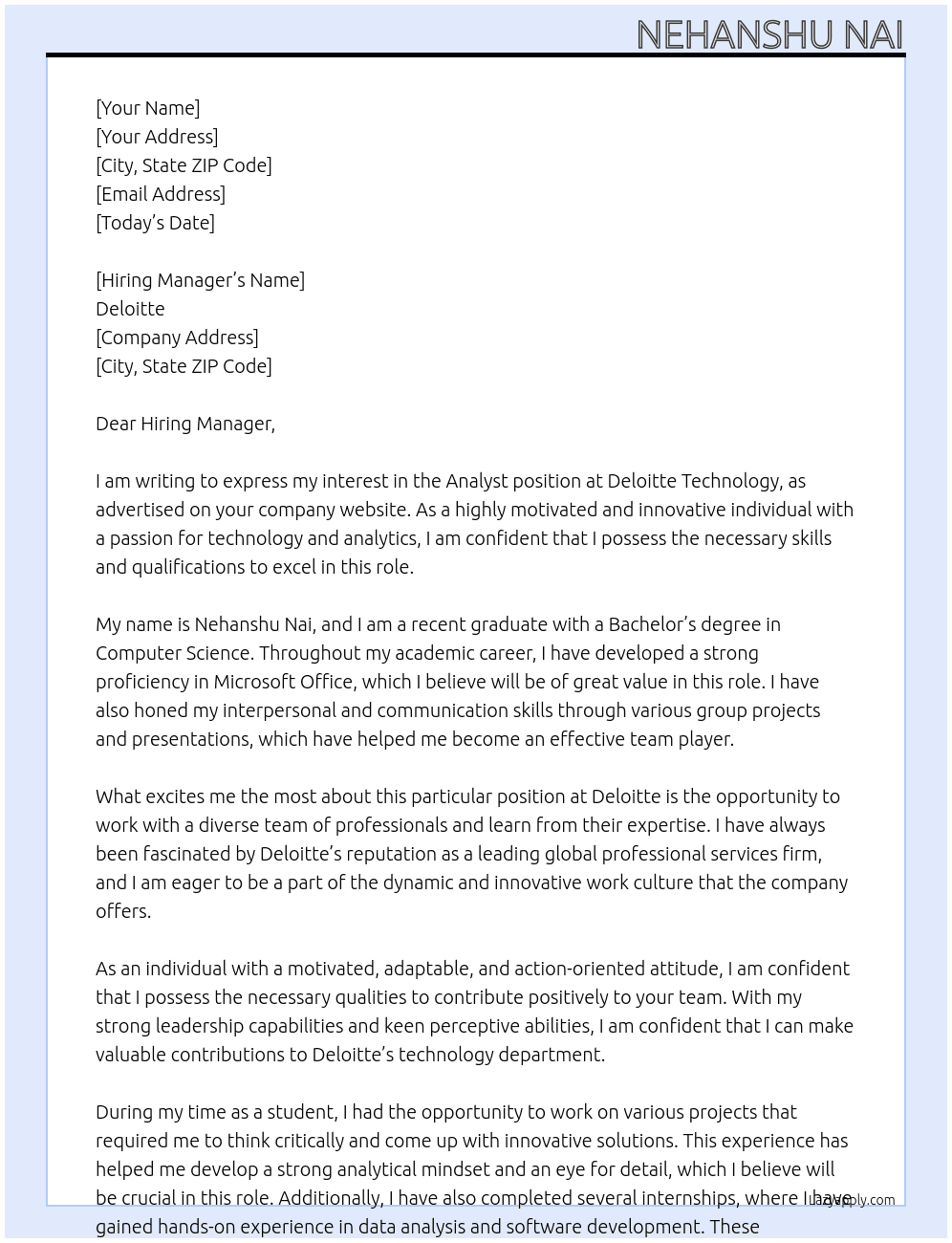 Cover letter for analyst, deloitte technology - LazyApply