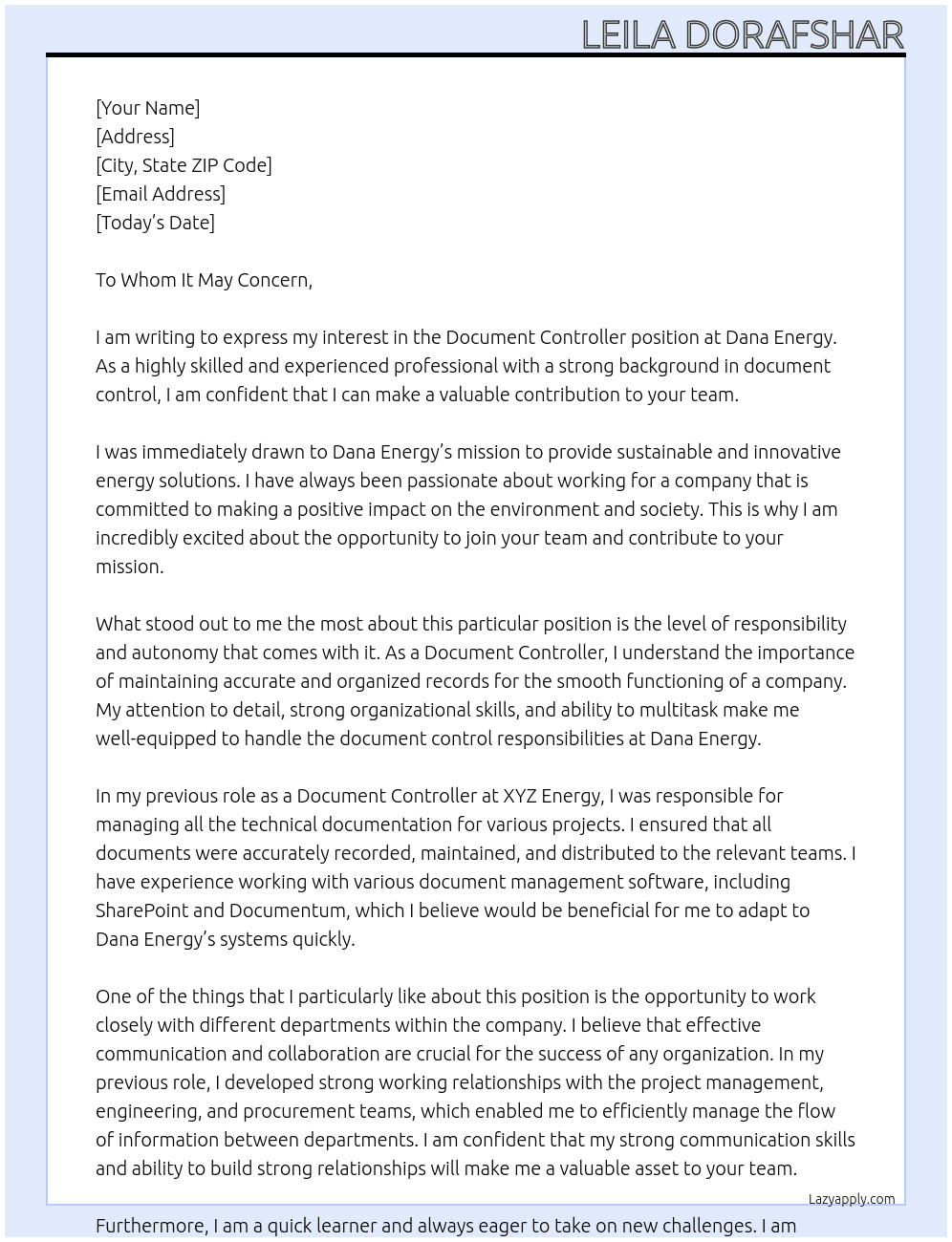 document controller At Dana Energy Cover Letter
