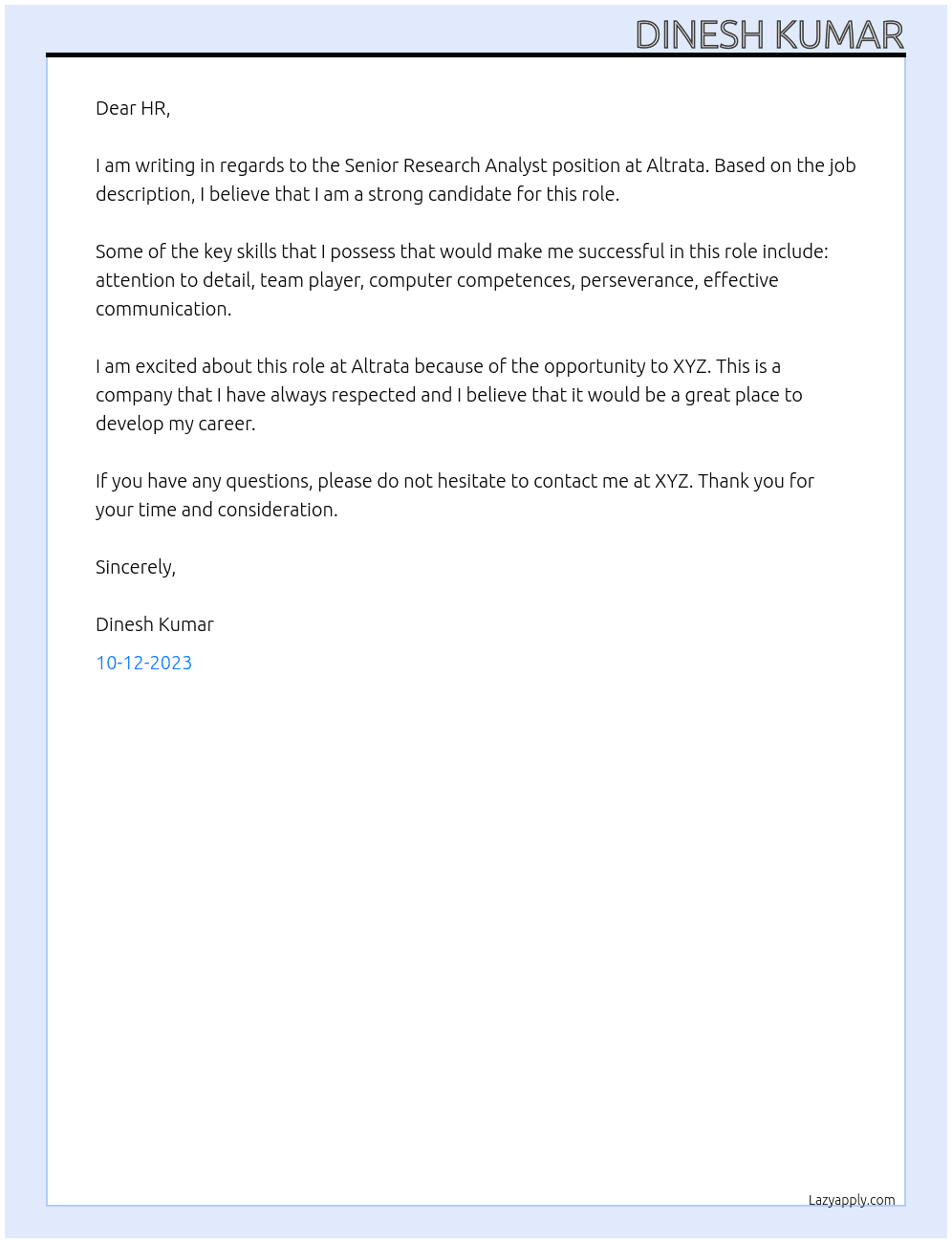 Senior Research analyst At Altrata Cover Letter