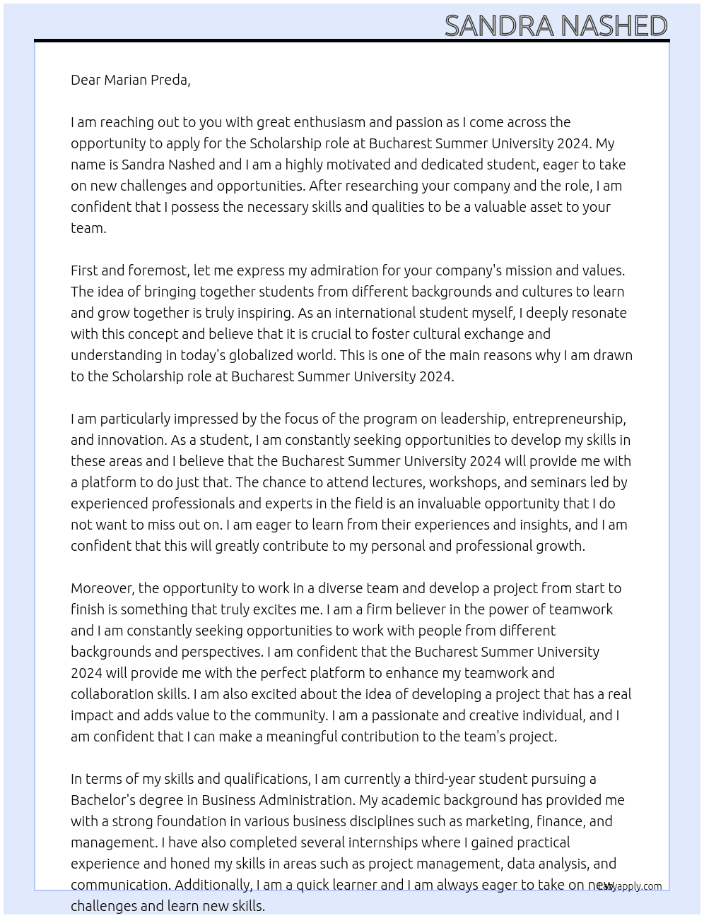 Student At Bucharest Summer University 2024  Cover Letter