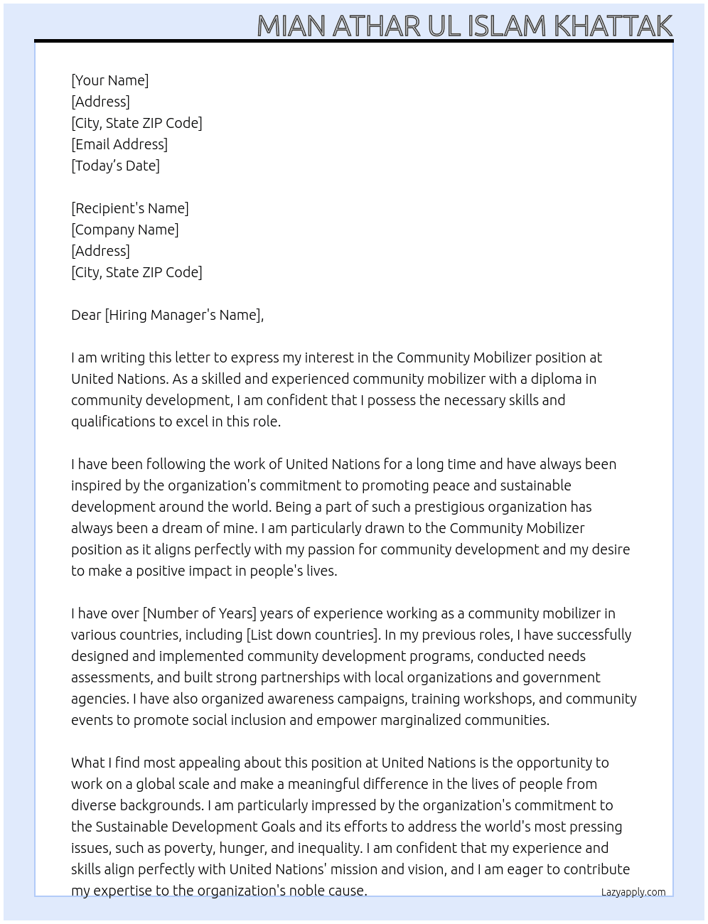 Comunity miblizer At United nation Cover Letter