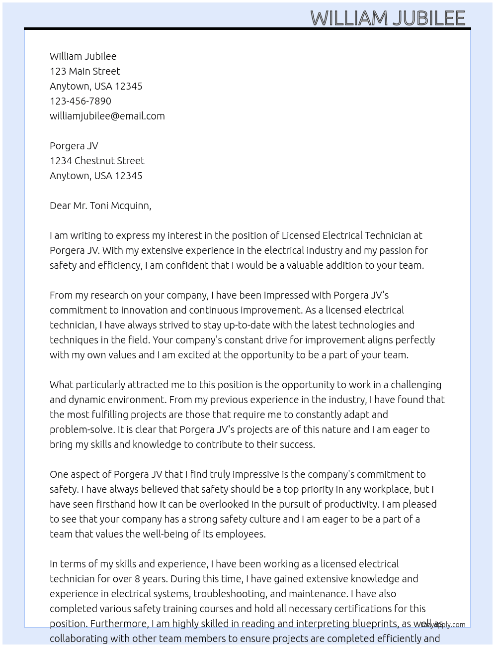 License Electrical Technician  At Porgera JV Cover Letter