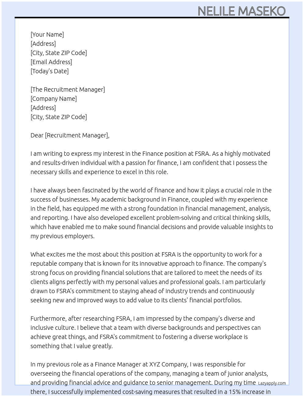 Finance At FSRA Cover Letter