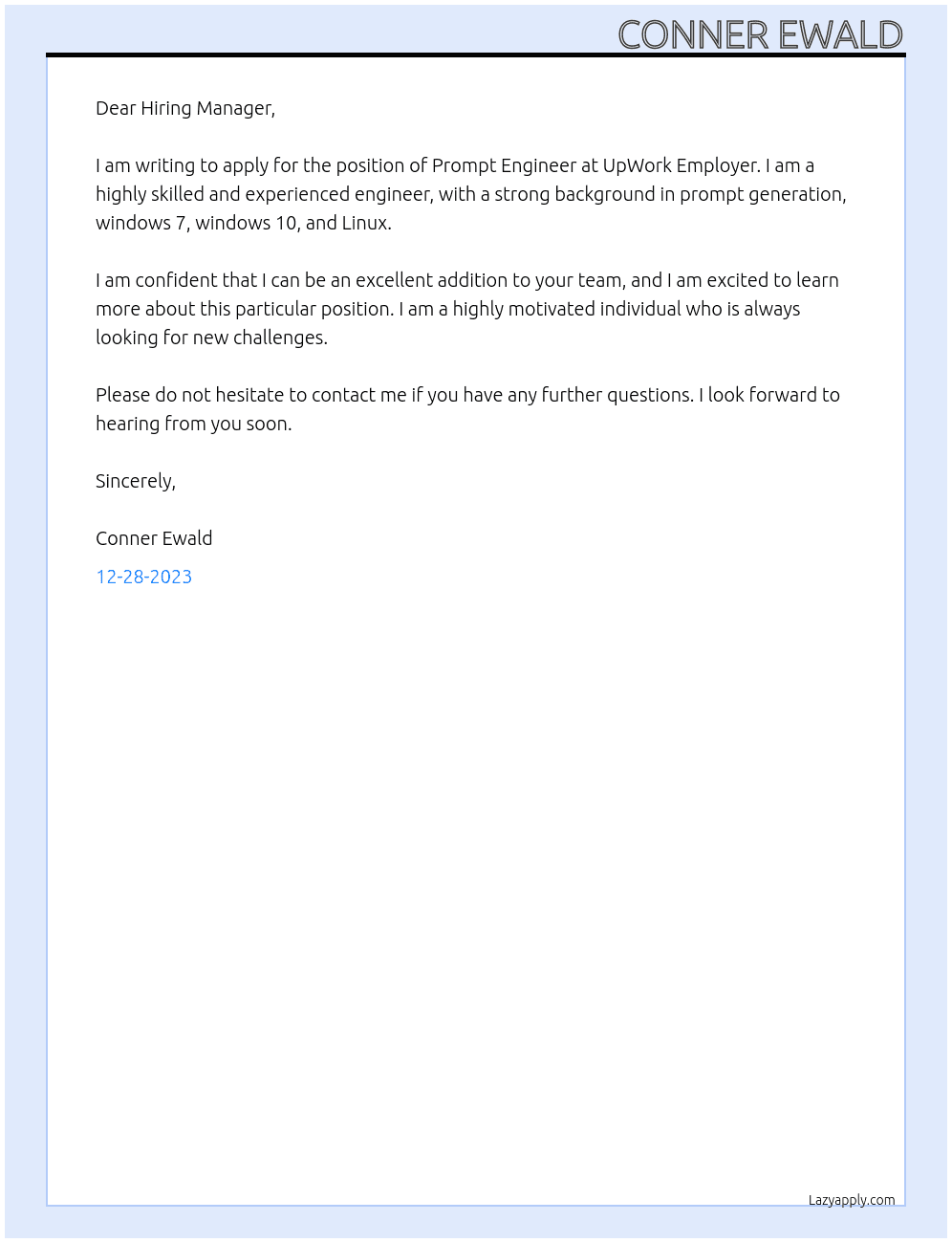 Prompt Engineer  At UpWork Employer Cover Letter