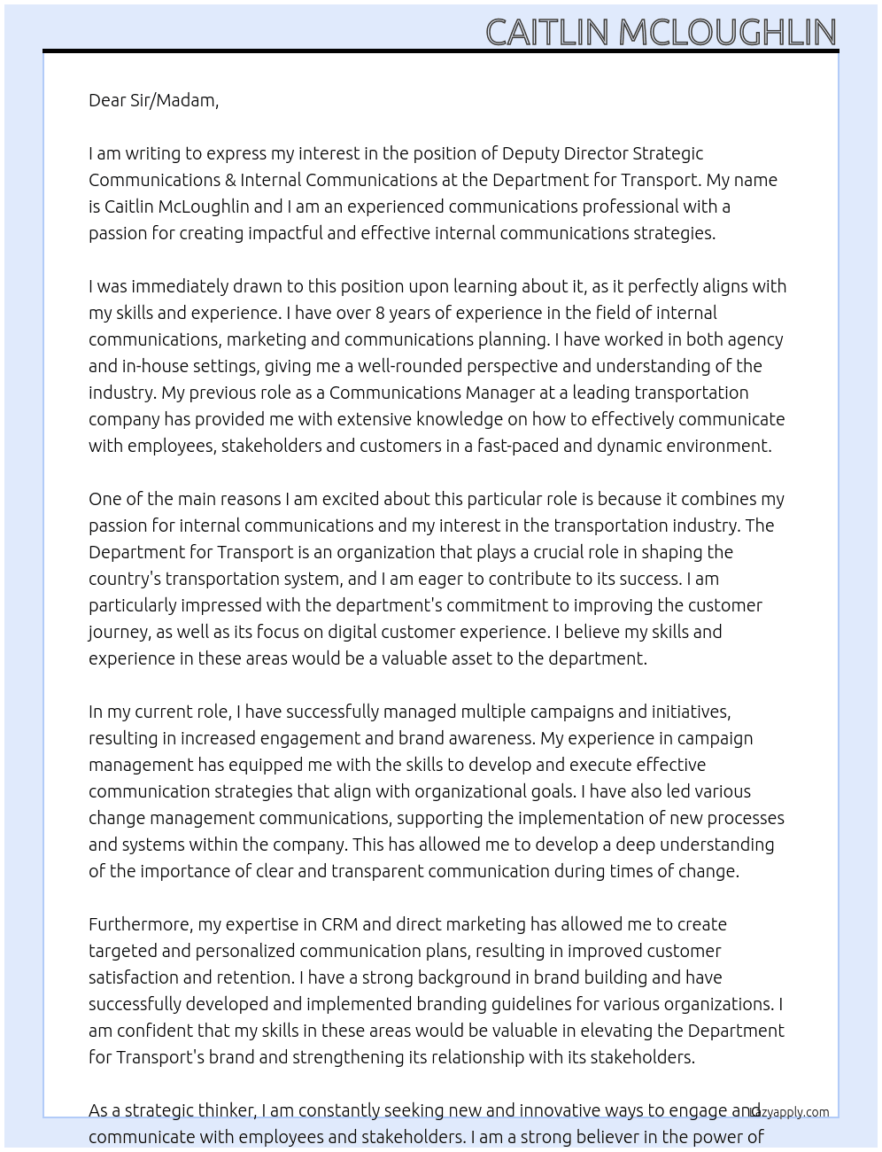 Deputy Director Strategic Communications & Internal Communications At Department for Transport Cover Letter