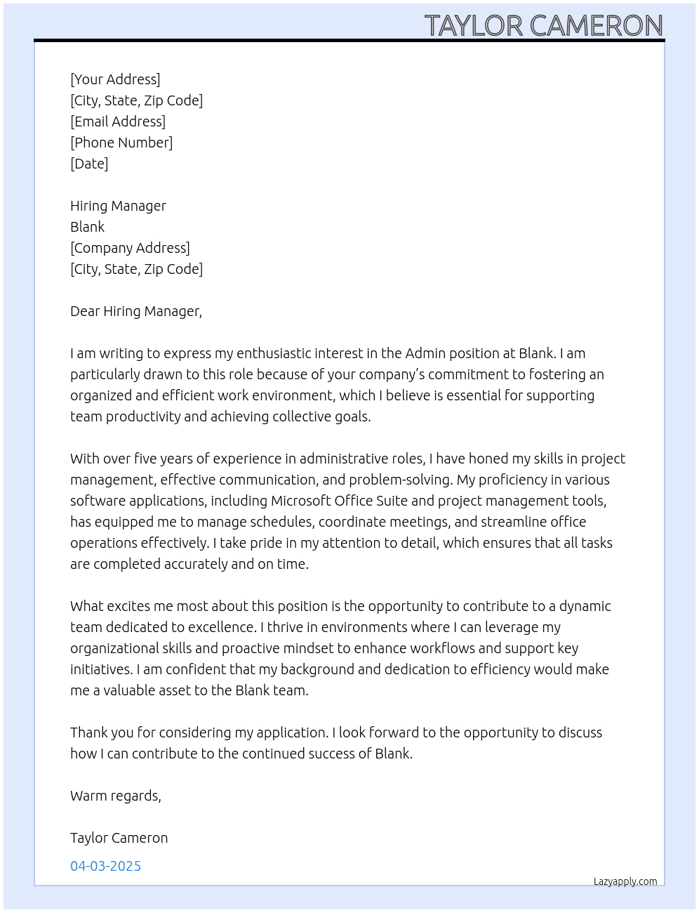 Admin At Blank Cover Letter