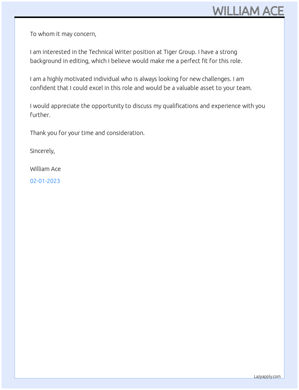 Technical Writer  At Tiger Group Cover Letter