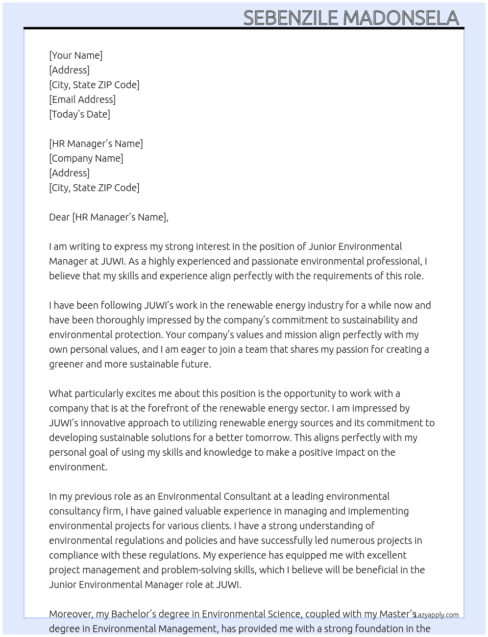 Junior Environmental Manager At JUWI Cover Letter