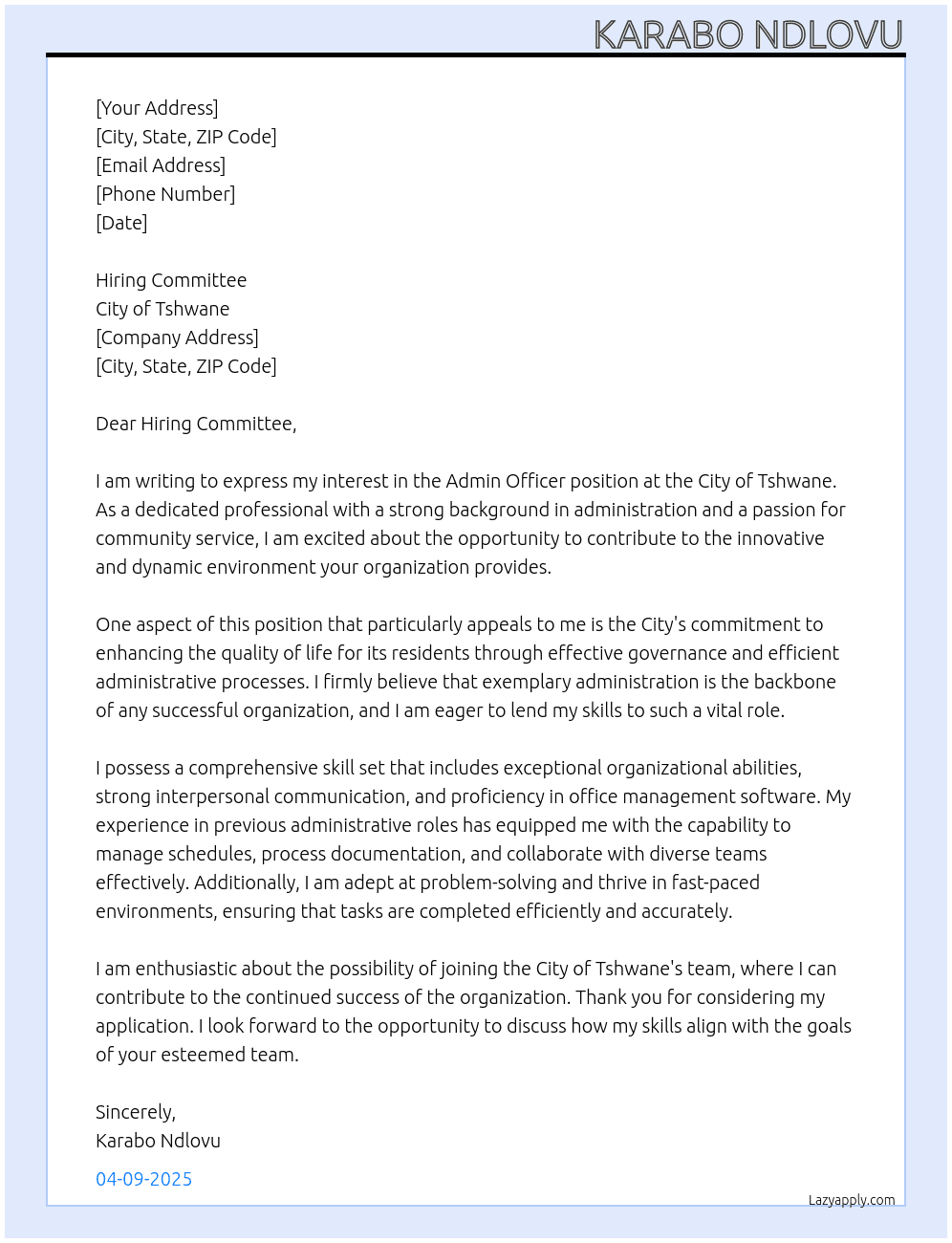 Admin Officer  At City of tshwane Cover Letter