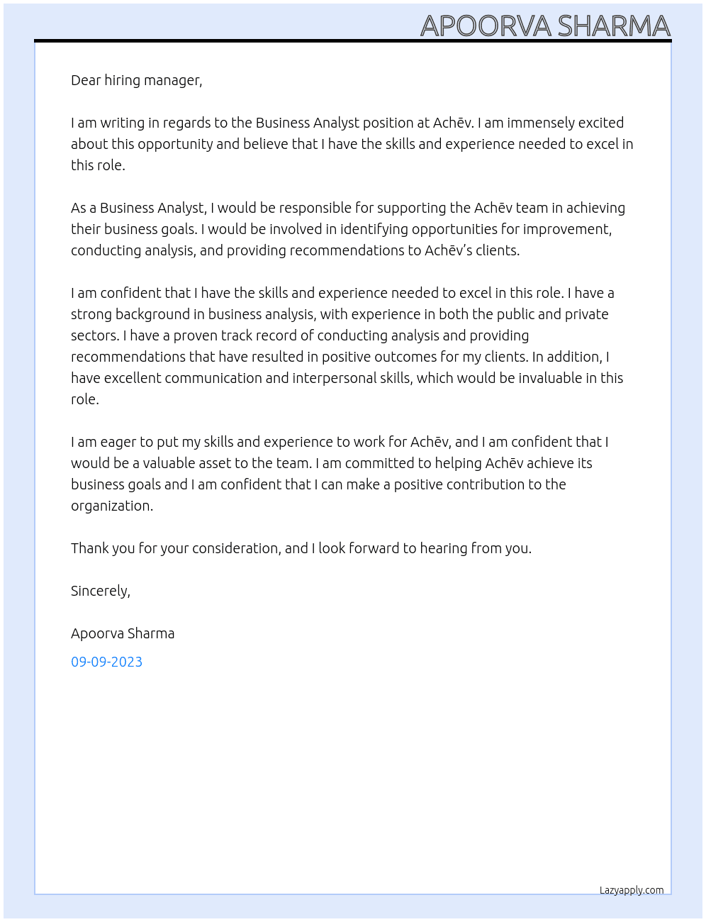 Business Analyst At Achēv Cover Letter