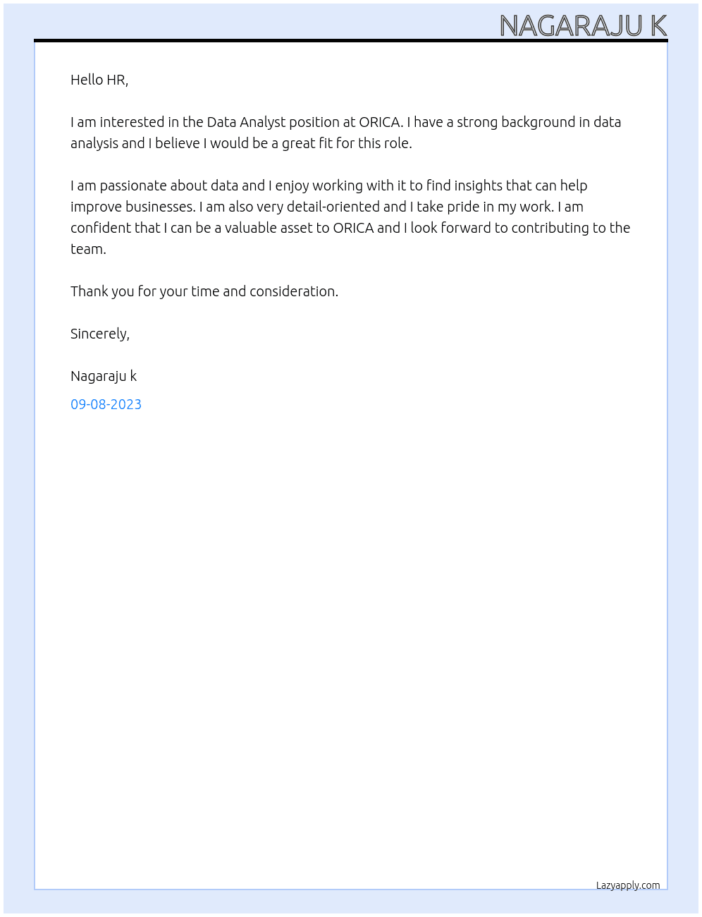 Data Analyst At ORICA Cover Letter