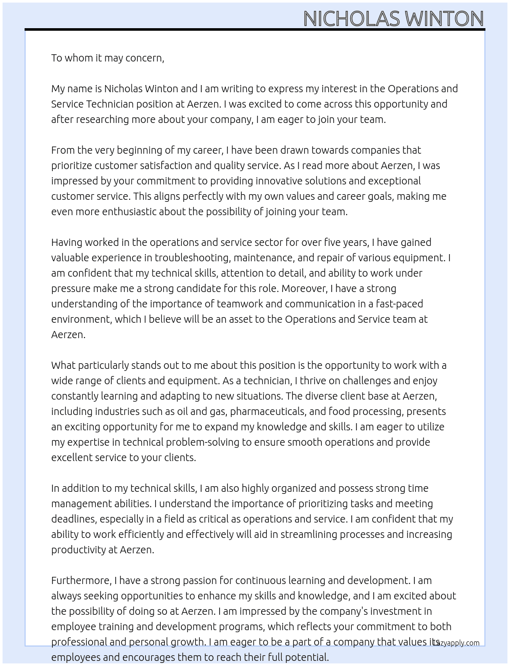 Operations and Service Technician  At Aerzen Cover Letter