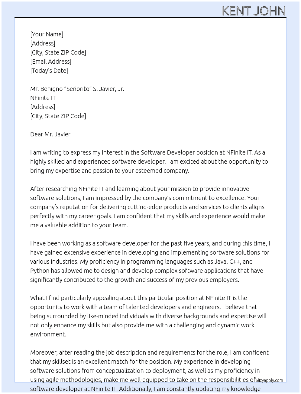 Software Developer  At NFinite IT Cover Letter
