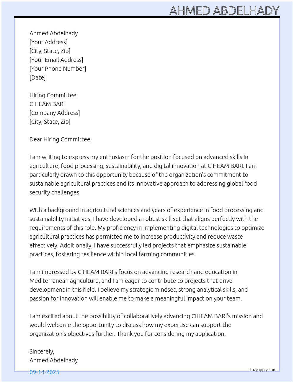 advanced skills in agriculture, food processing, sustainability and digital innovation At CIHEAM BARI Cover Letter