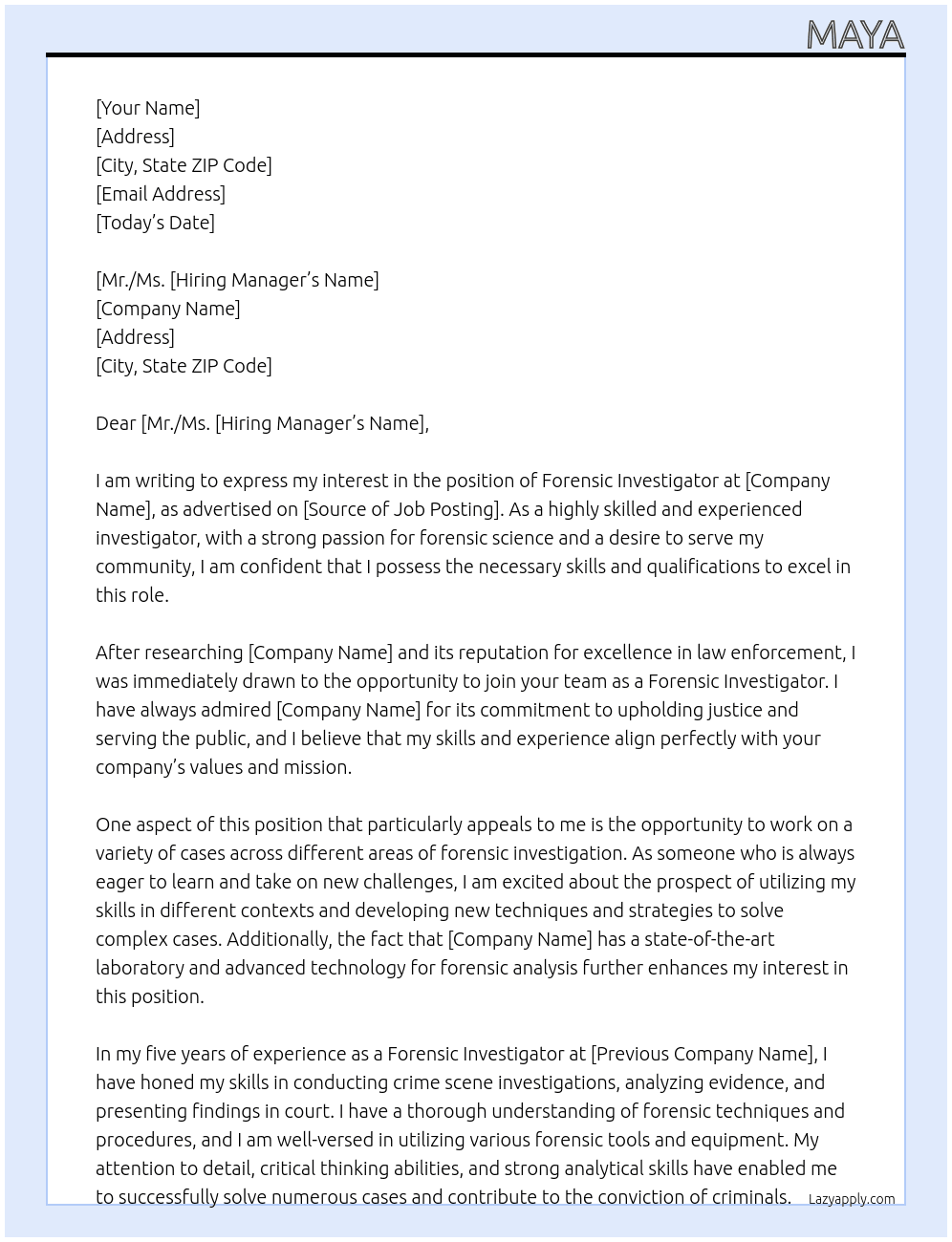 Forensic Investigator At Police Cover Letter