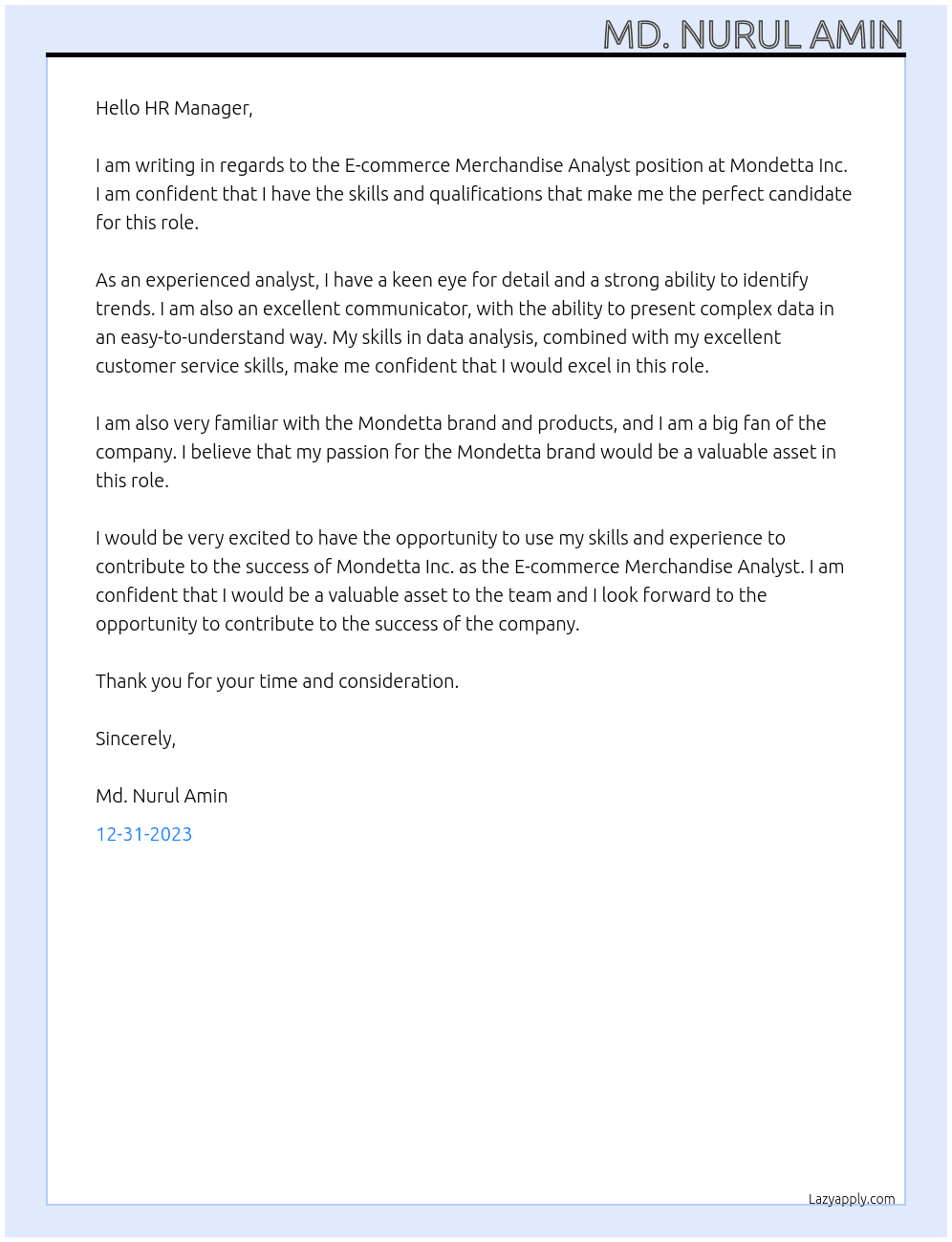 E-commerce Merchandise Analyst At Mondetta Inc Cover Letter