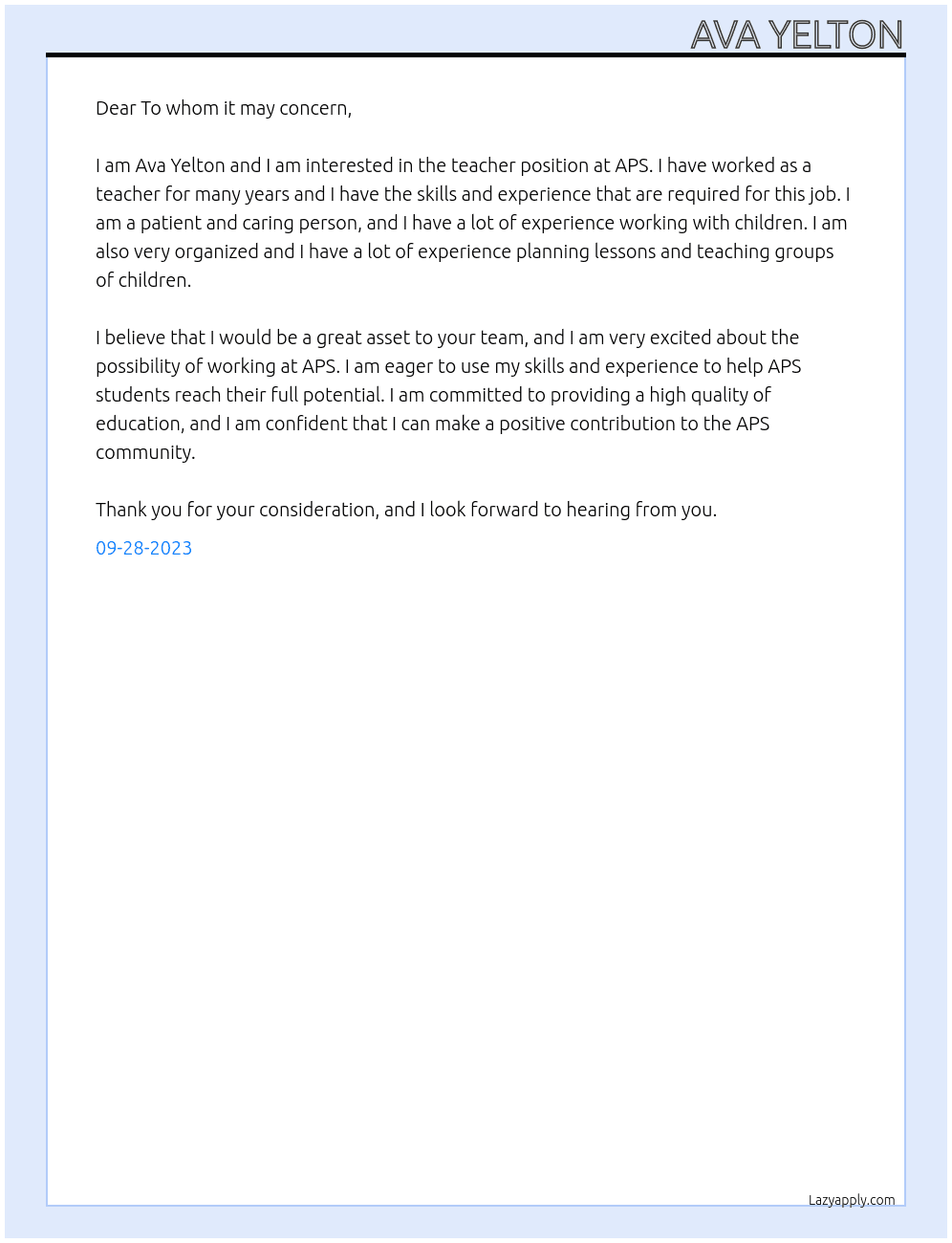 Teacher At APS Cover Letter