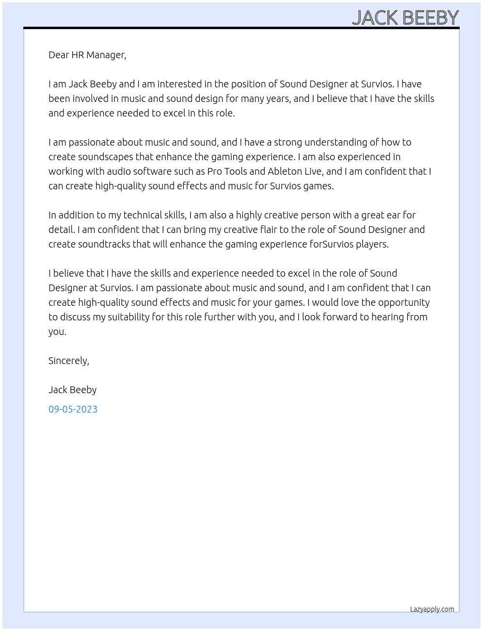 Sound Designer At Survios Cover Letter