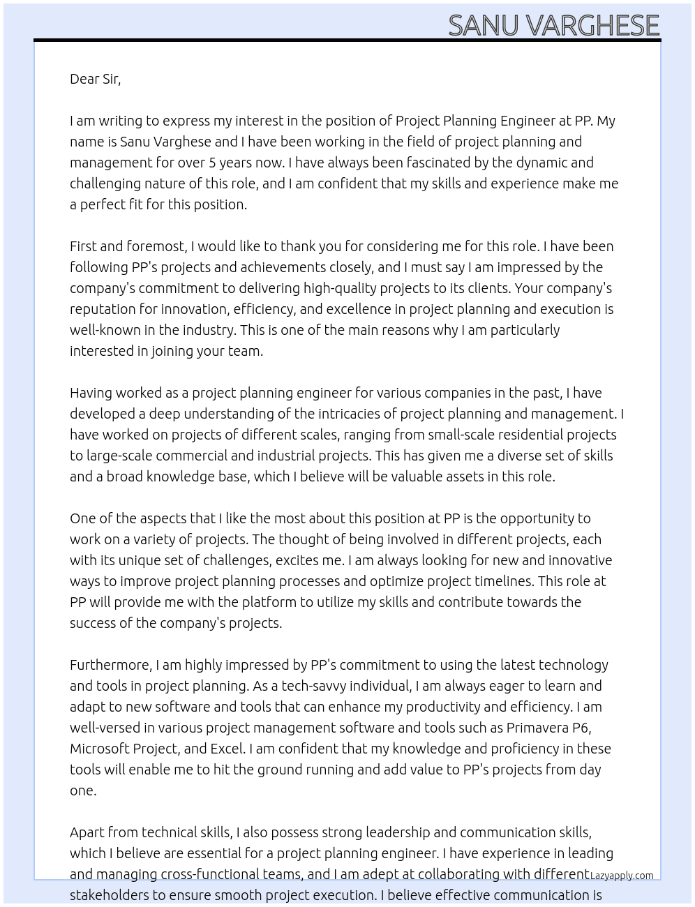 Project planning Engineer At Pp Cover Letter
