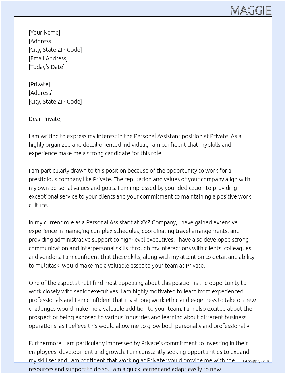 personal assistant At private Cover Letter