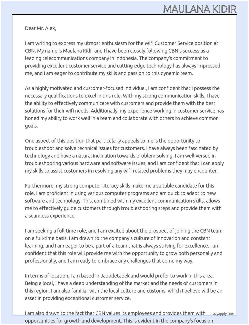 wifi customer service At CBN Cover Letter